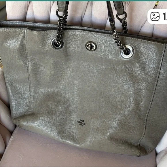 Coach Gray Leather Tote with Chain Handles and Turnlock - Picture 3 of 16